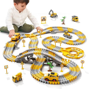 Construction Race Tracks Toys for Kids - 255-Piece Construction Car and Flexible Track Set Engineering Track Playset Gift for 3 4 5 6 Year Old Boys Girls